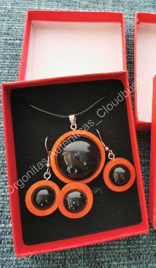 Colgante, pendientes y anillo de Shungita en madera 2 Colores - Imagen 2