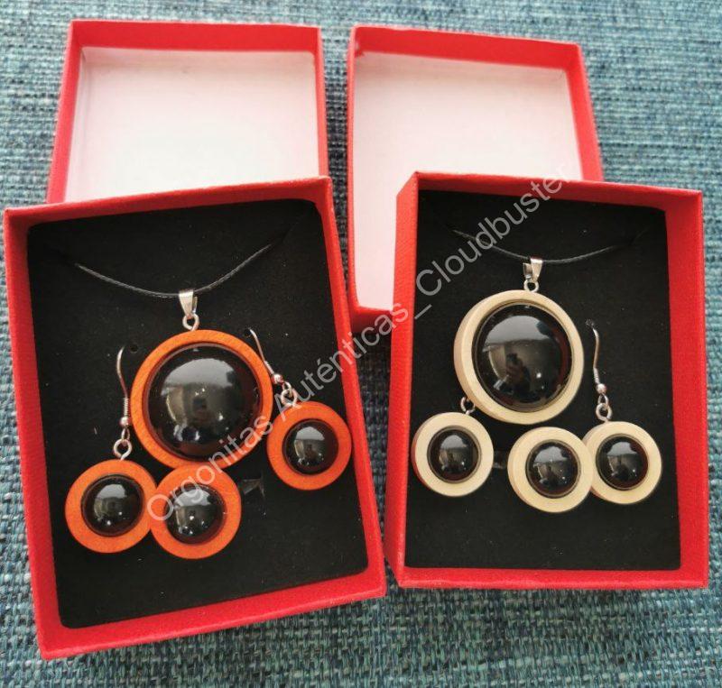 Colgante, pendientes y anillo de Shungita en madera 2 Colores